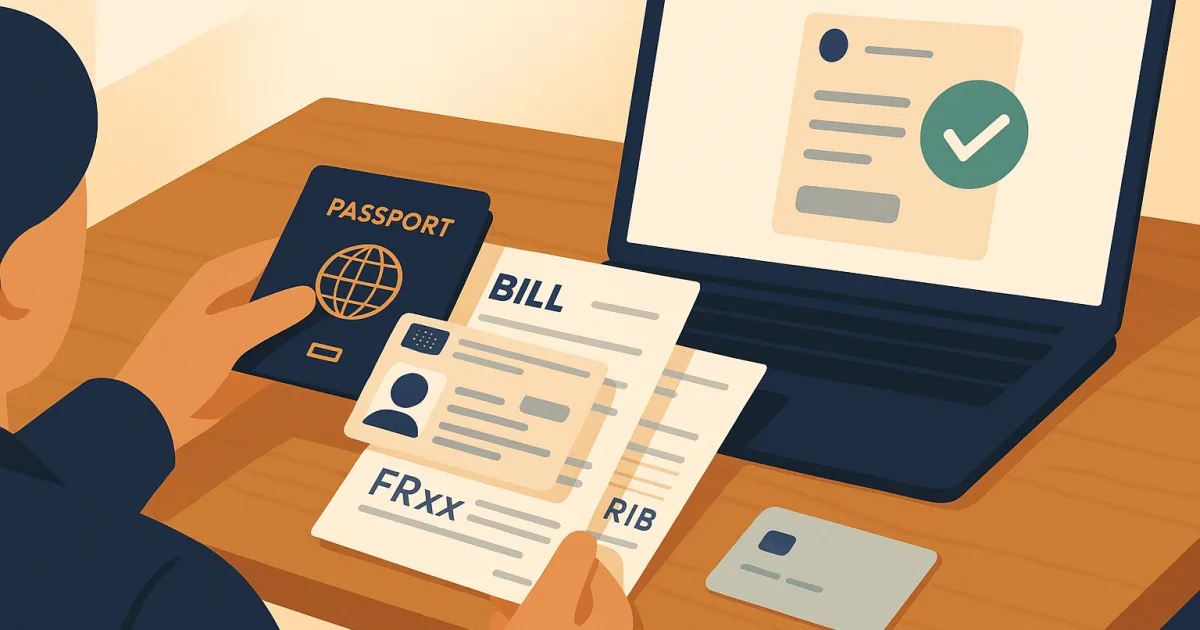 Documents and laptop laid out on a desk to open a French bank account