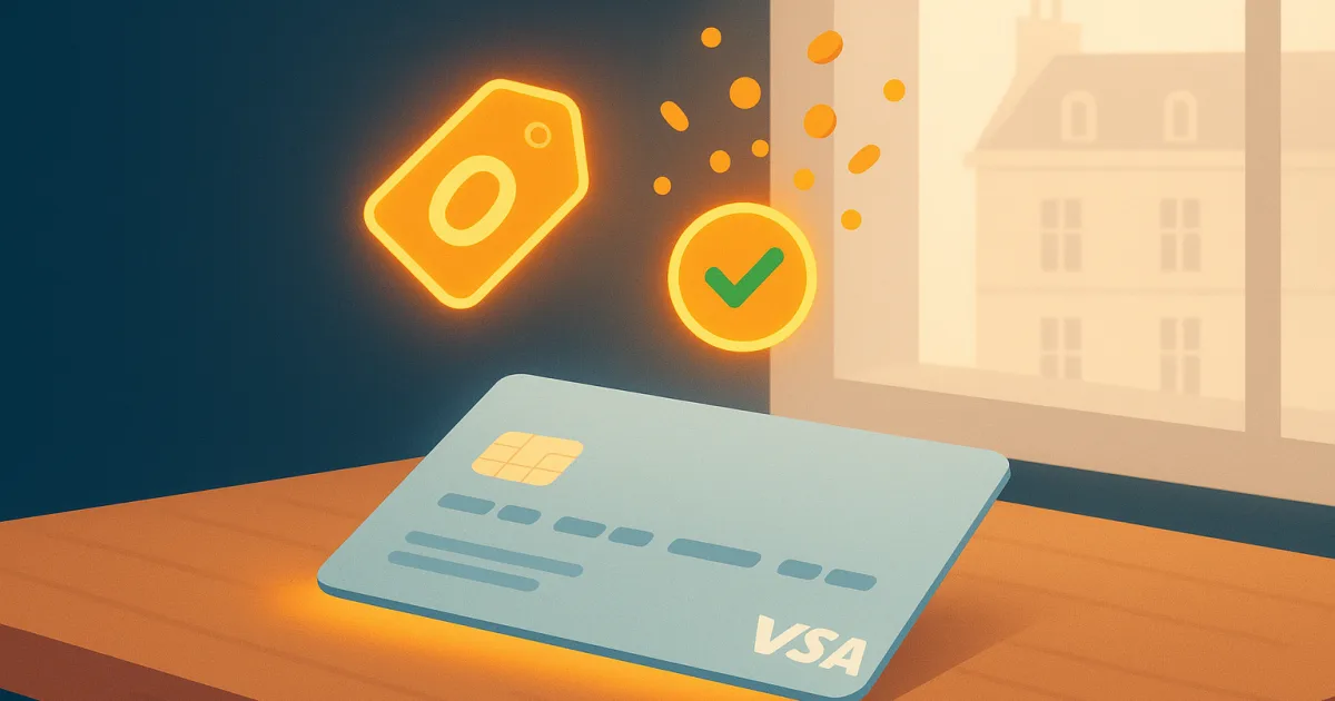 A pale-blue Visa-style payment card with a glowing zero-euro price tag