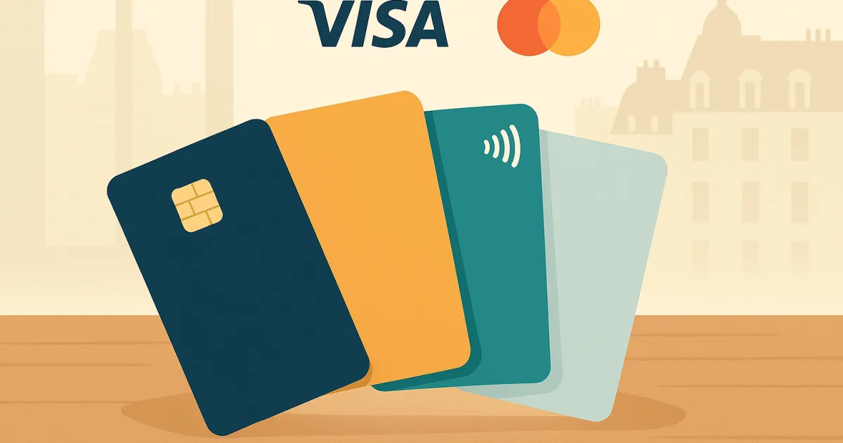 Four French bank cards fanned out on a desk with Visa and Mastercard symbols above