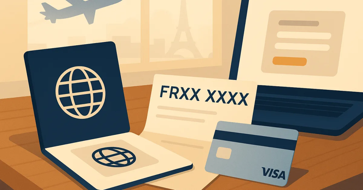 Passport, French RIB and laptop on a desk with a stylised airplane and Eiffel Tower silhouette in the background