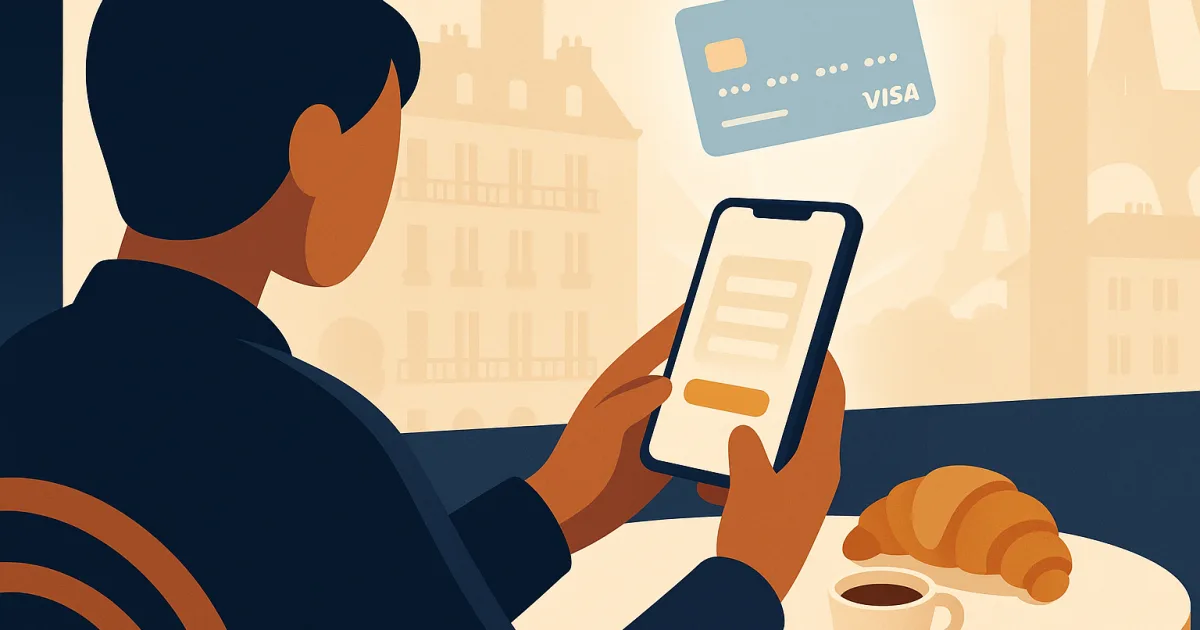 Person at a Parisian café signing up for a French online bank account on their phone