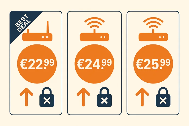 Flat illustration of three internet plan cards with price tags showing €22.99, €24.99 and €25.99 for cheap broadband deals in France