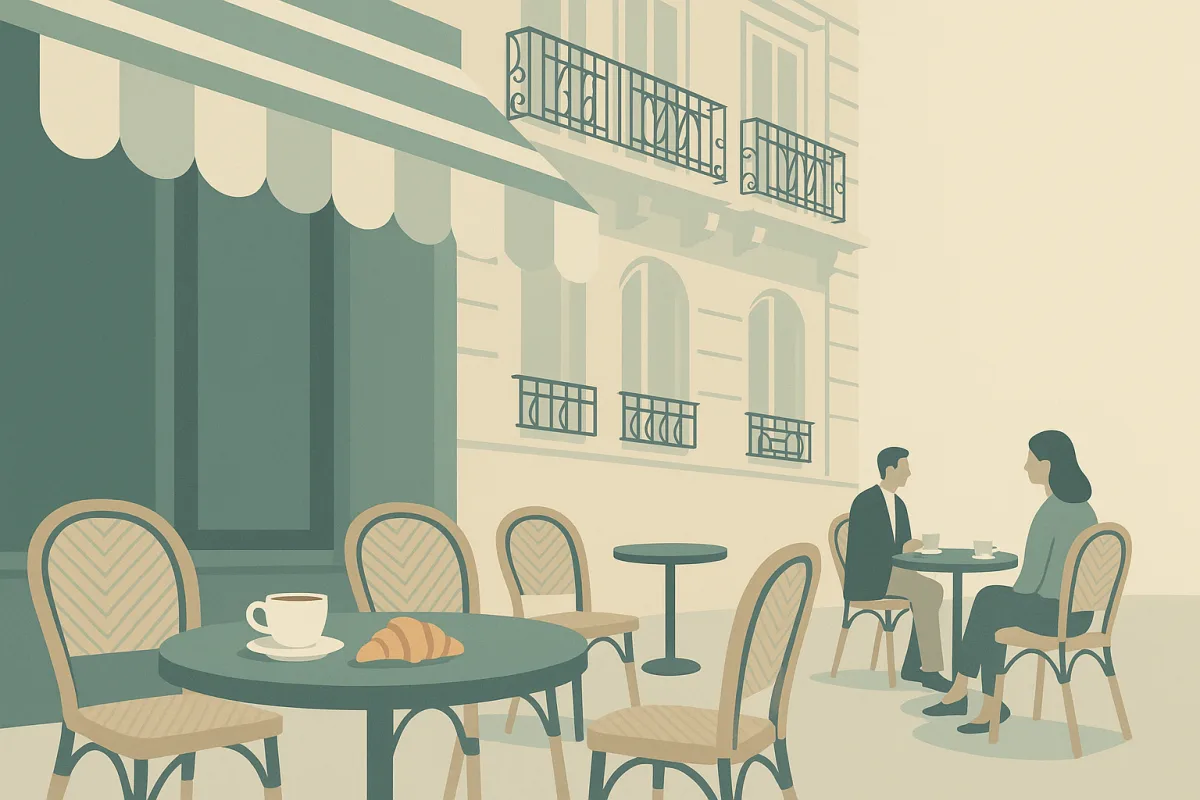 Friends greeting with la bise and a handshake on a Parisian café terrasse