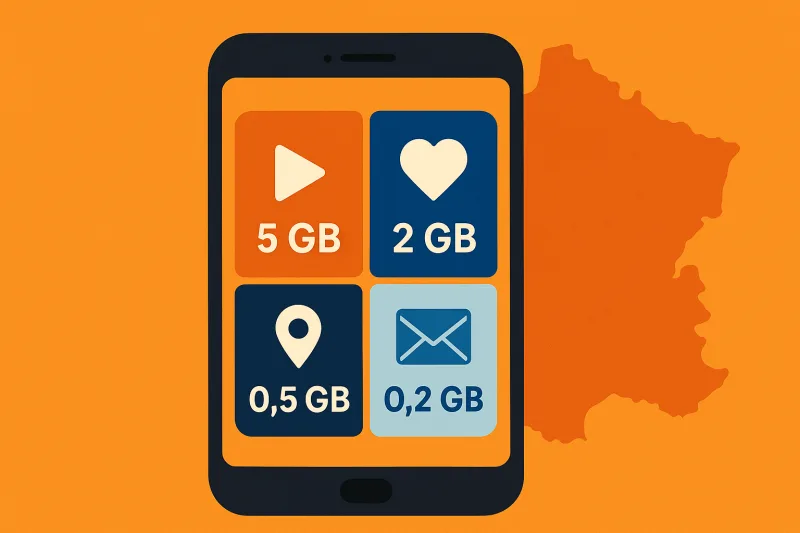 Flat illustration of a phone screen divided into four data usage quadrants: video streaming, social media, navigation and email with GB amounts