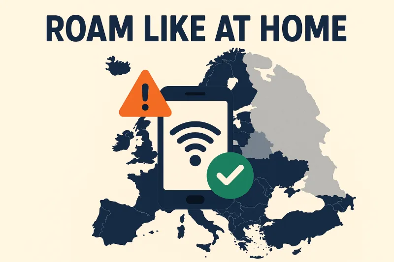 Flat map of Europe showing EU countries in navy with roam-like-at-home badge, phone with WiFi and green checkmark
