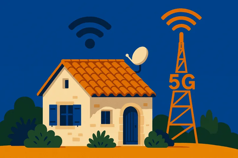 Flat illustration of a French countryside house with a 5G tower, WiFi symbol and satellite dish against a deep blue sky