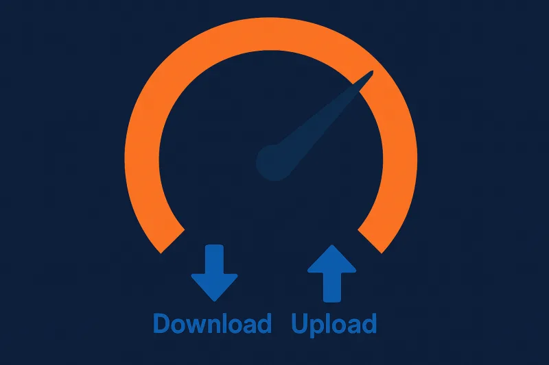 Flat illustration of an internet speed test gauge with download and upload arrows on a navy background