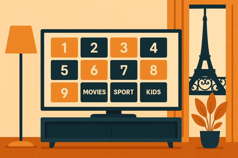 Flat illustration of a TV showing numbered channel grid in an orange living room with Eiffel Tower visible through the window