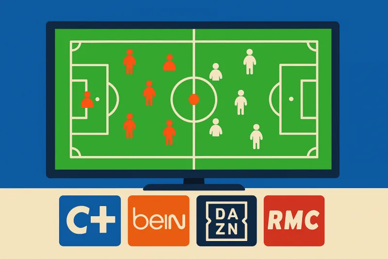 Flat illustration of a TV screen showing a football pitch with player icons, with Canal+, beIN Sports, DAZN and RMC Sport badges below