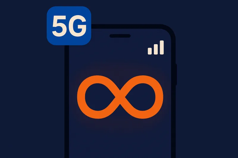 Flat illustration of a smartphone with an infinity symbol on screen and a 5G badge, on a deep navy background