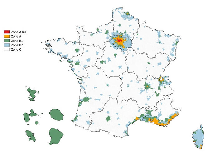 Carte de France des zones ANAH : A Bis (Paris), A (Île-de-France et Côte d'Azur), B1 (grandes métropoles), B2 (villes moyennes), C (reste du territoire)