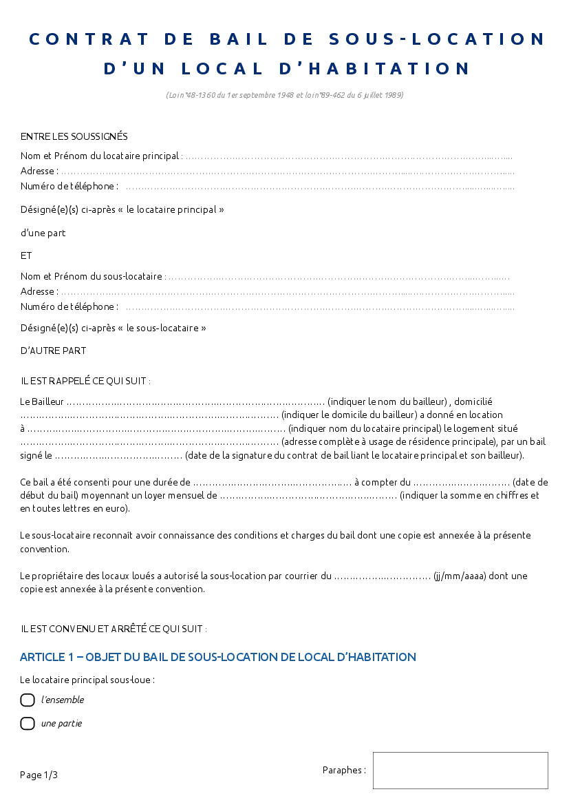 Aperçu : Contrat de sous-location (PDF)