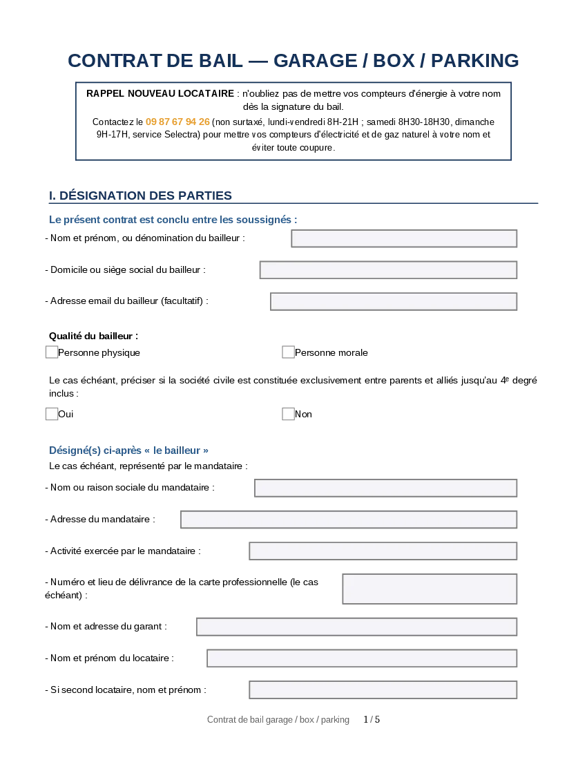 Aperçu : Bail de location garage / box / parking (PDF)