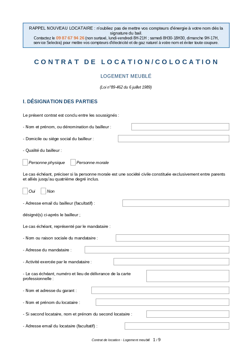 Aperçu : Contrat de location meublé (PDF)