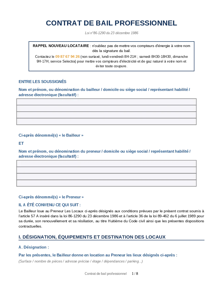 Aperçu : Contrat de bail professionnel (PDF)