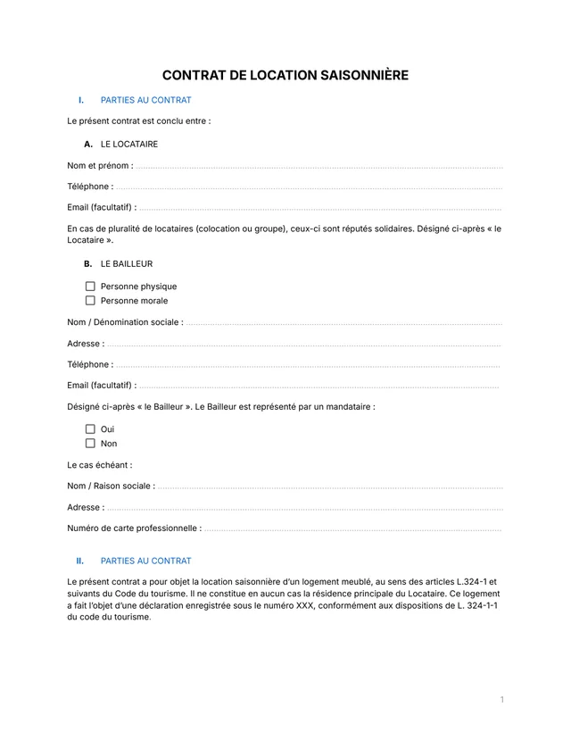 Aperçu : Contrat de location saisonnière
