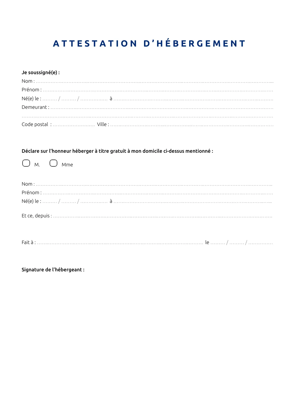 Aperçu : Attestation d'hébergement