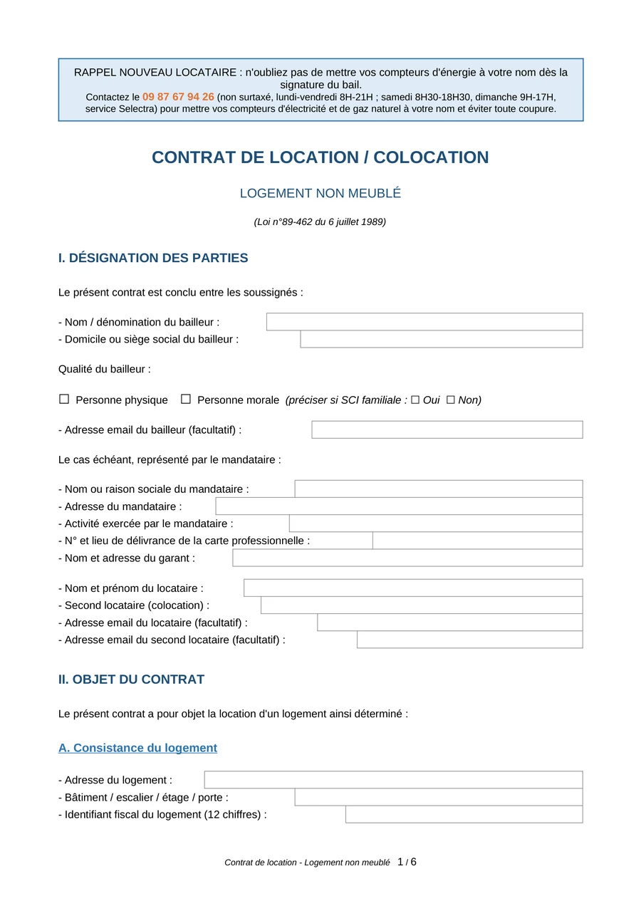 Aperçu : Contrat de location non meublé