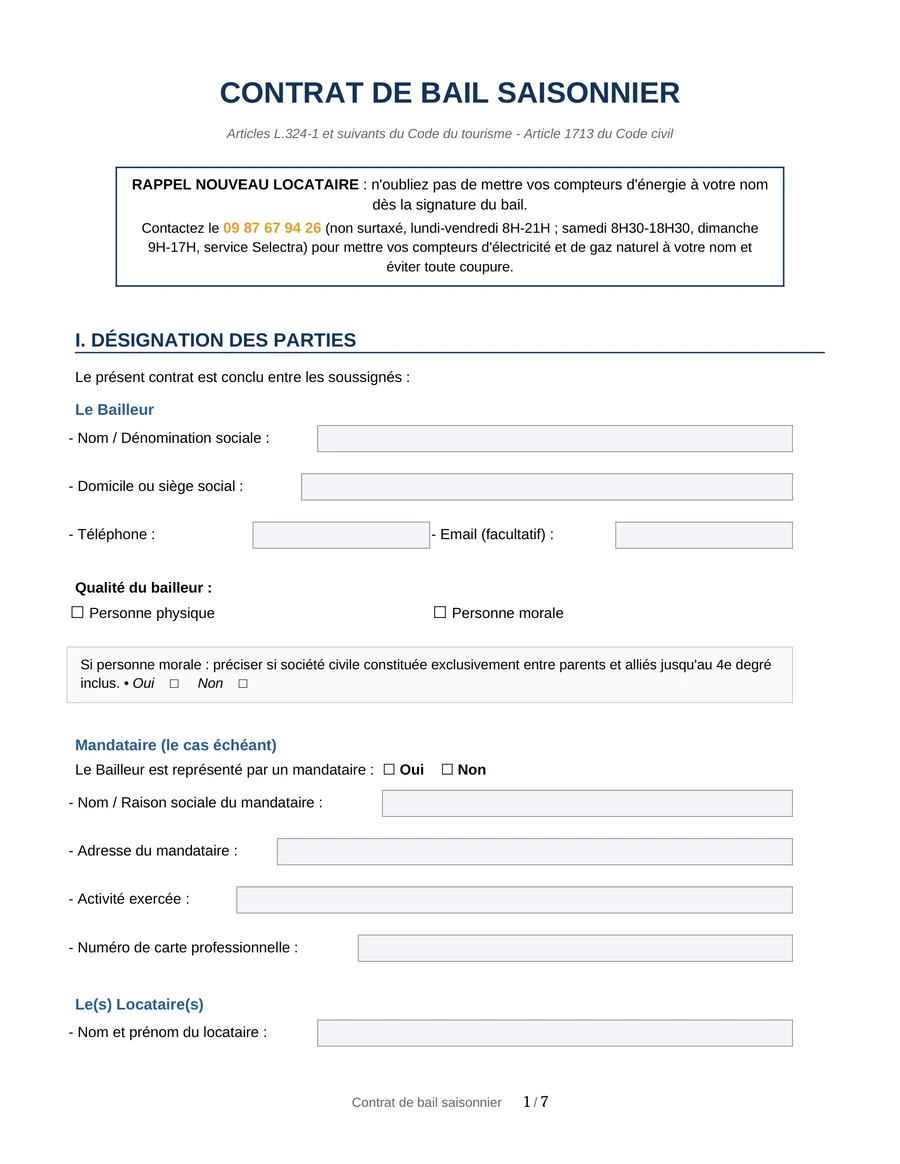 Aperçu : Contrat de location saisonnière