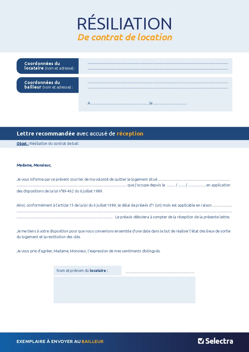 Aperçu : Lettre de résiliation de bail : préavis 1 mois (PDF)