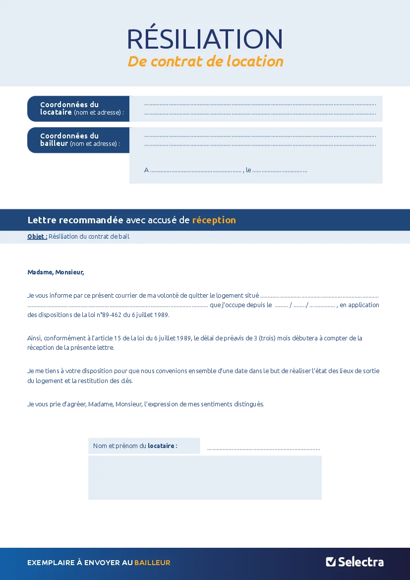 Aperçu : Lettre de résiliation de bail : préavis 3 mois (PDF)