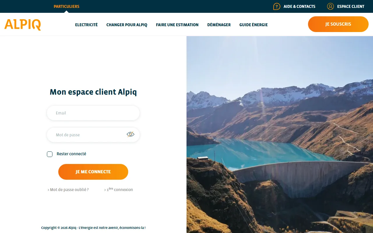 Page de connexion de l'espace client Alpiq