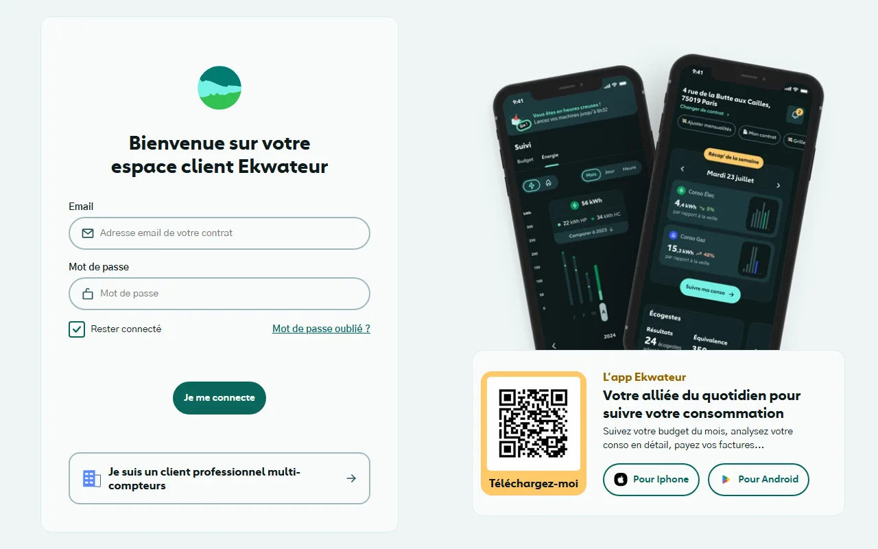 Page de connexion de l'espace client Ekwateur