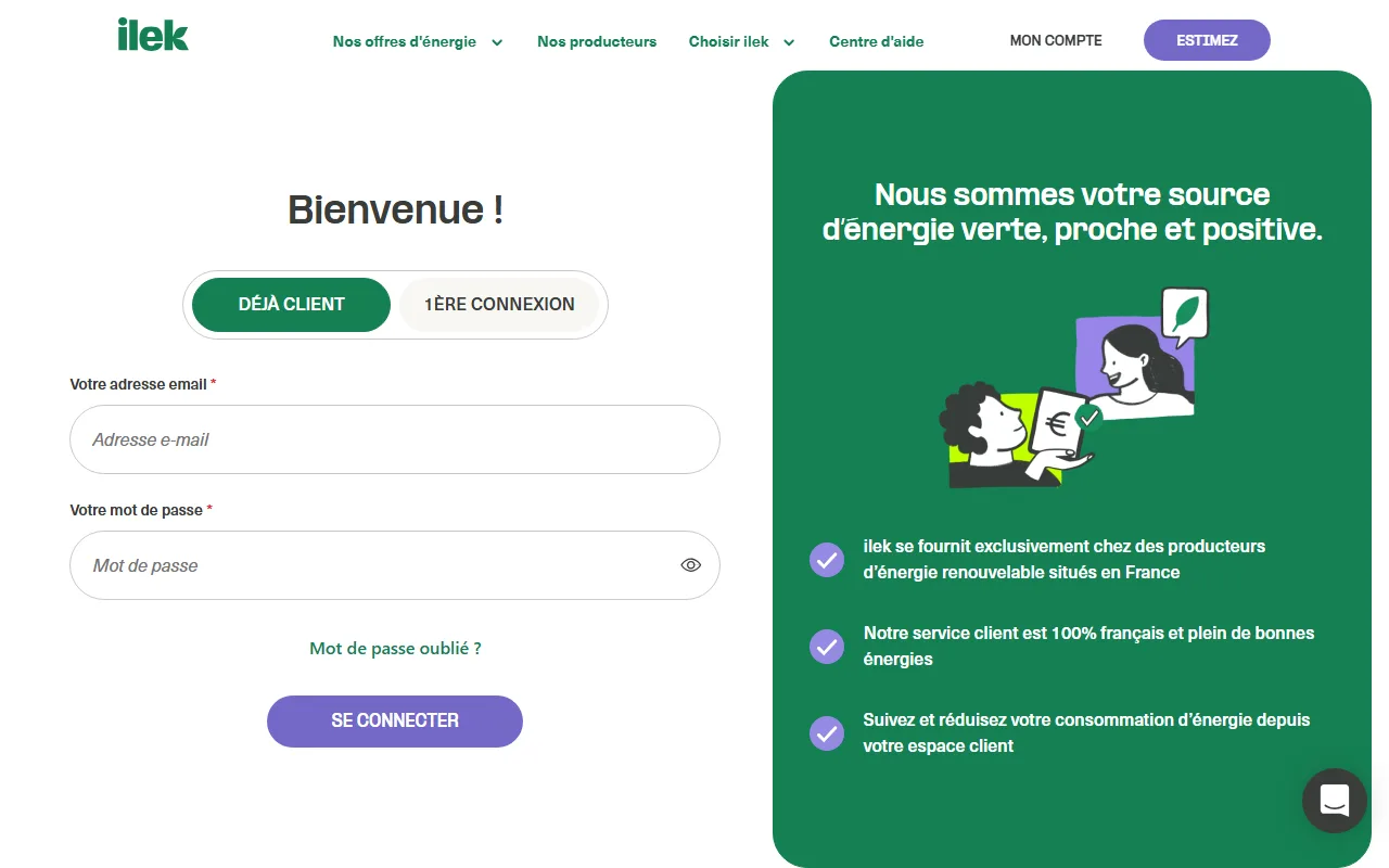 Page de connexion de l'espace client Ilek