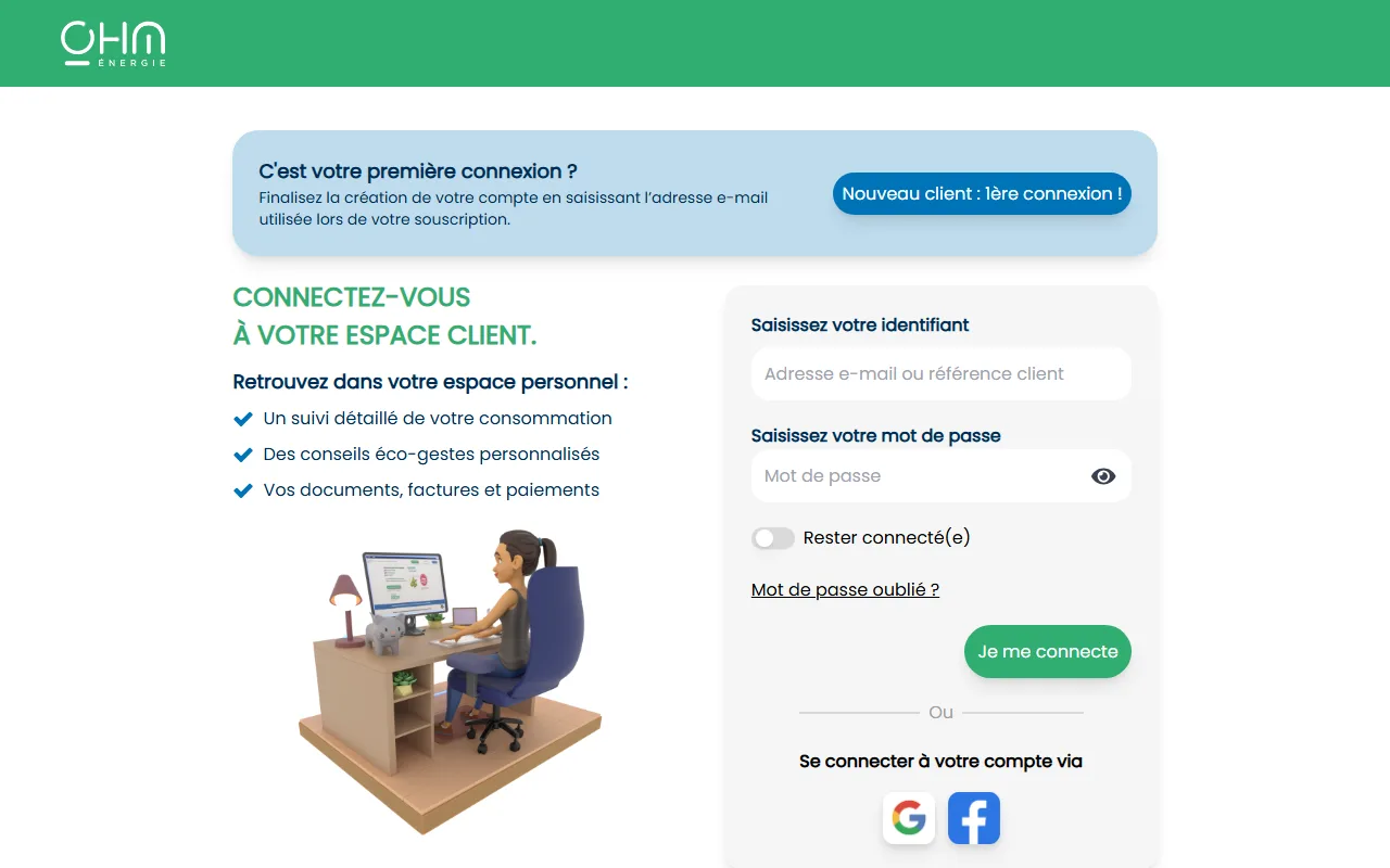 Page de connexion de l'espace client OHM Énergie