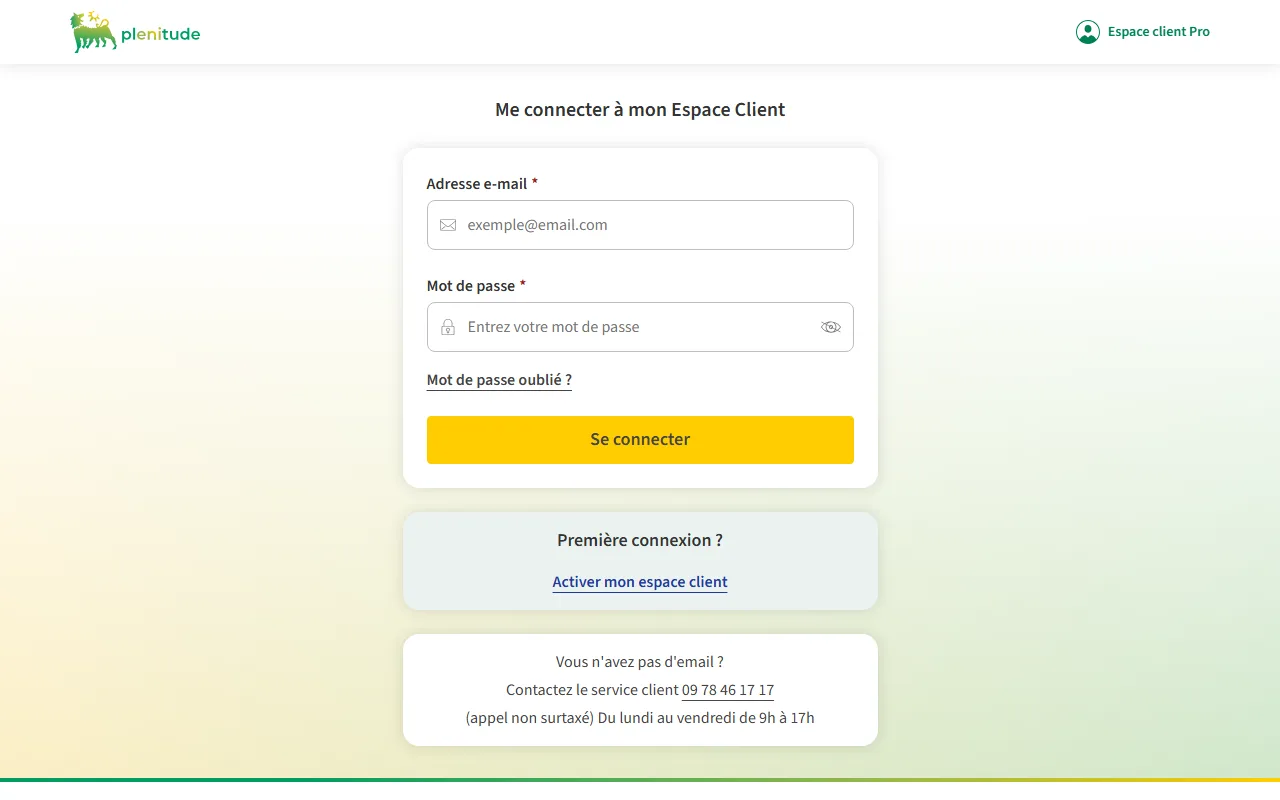 Page de connexion de l'espace client Plenitude