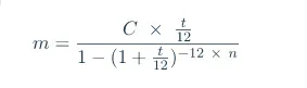 Formule de calcul de la mensualité d'un prêt immobilier : m égale C multiplié par t sur 12, divisé par 1 moins (1 plus t sur 12) puissance moins 12 fois n