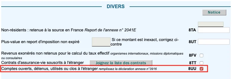 impots néobanque annexe case 8UU