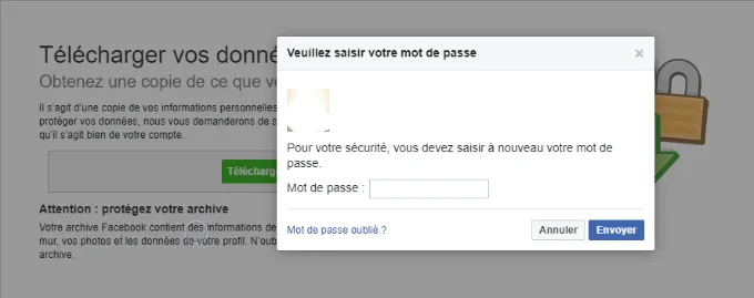Saisie du mot de passe Facebook