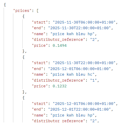 Un array de prix/périodes, ici chez un client Tempo