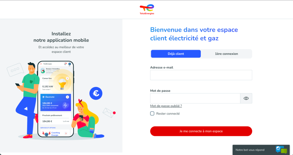 Page de connexion à l'espace client TotalEnergies