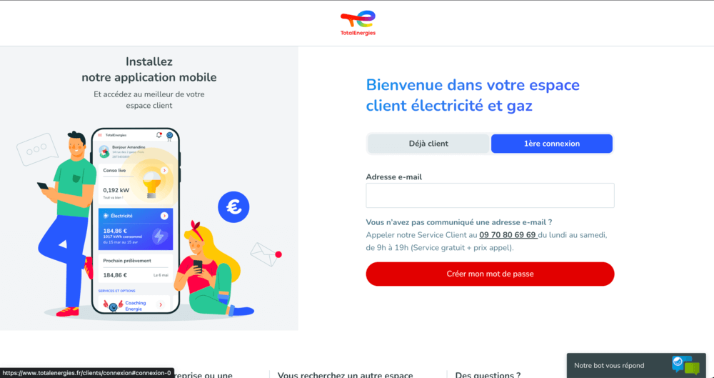 Page de première connexion à son espace client de TotalEnergies