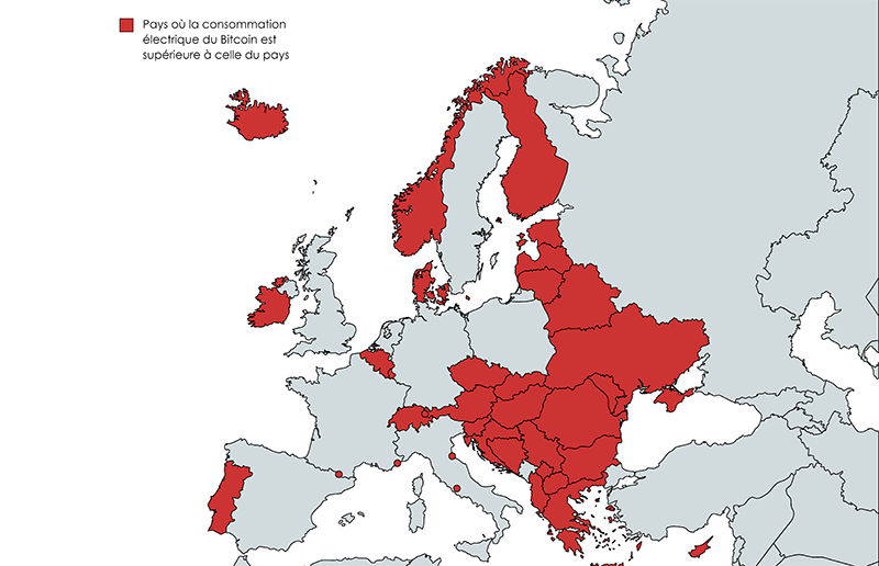 Consommation électricité Bitcoin Vs. Consommation par pays en Europe
