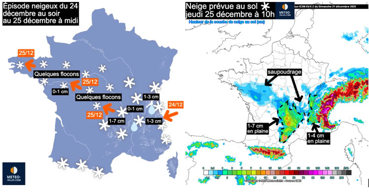 Prévision neige Noël 24 - 25 décembre 2025