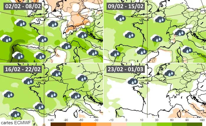 Carte de France des prévisions météo pour le mois de février 2026