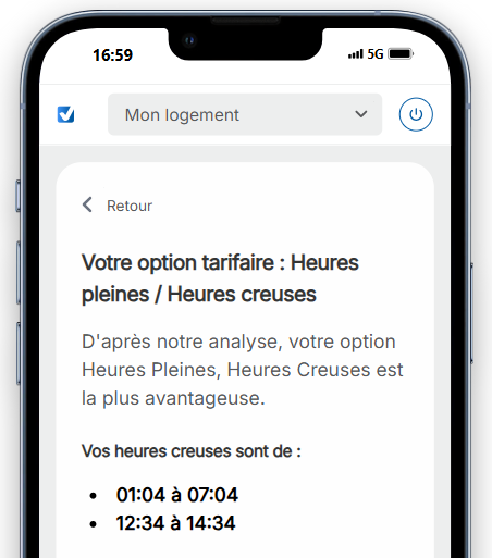application MySelectra affichant les horaires d'heures creuses du client