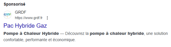 Publicité de GRDF pour la PAC hybride gaz sur Google Ads