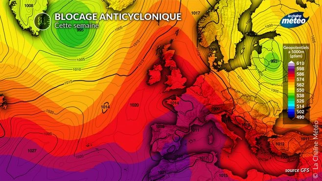 Carte du blocage anticyclonique sur l'Europe cette semaine, géopotentiels à 5 000 mètres, modèle GFS