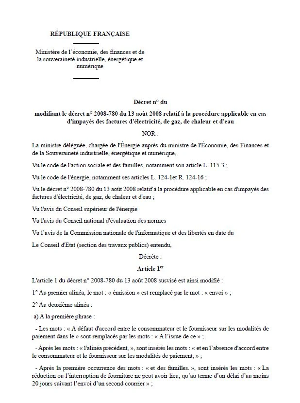 Première page du projet de décret modifiant le décret n° 2008-780 du 13 août 2008 sur les impayés d'énergie