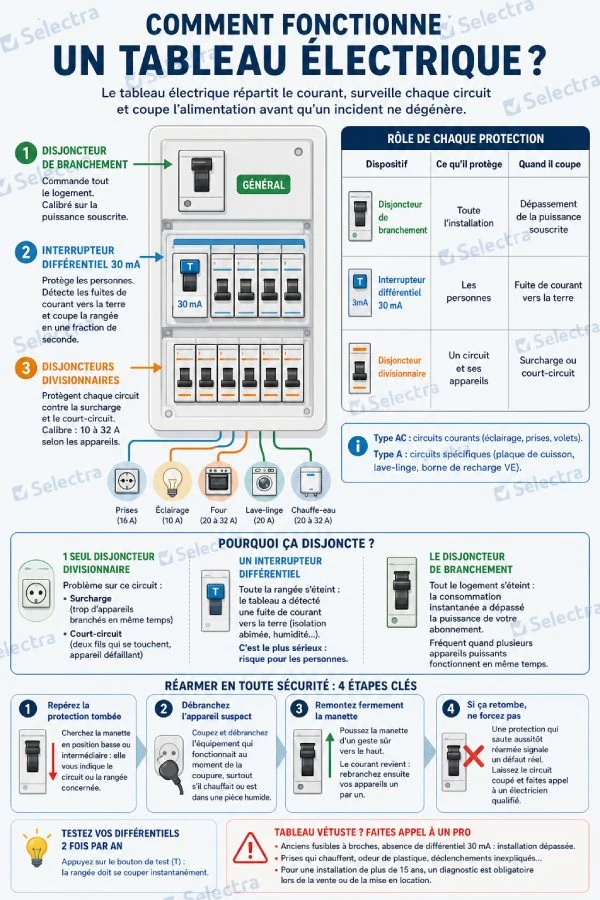 Infographie : comprendre le tableau électrique (disjoncteur général, interrupteur différentiel, disjoncteurs divisionnaires)