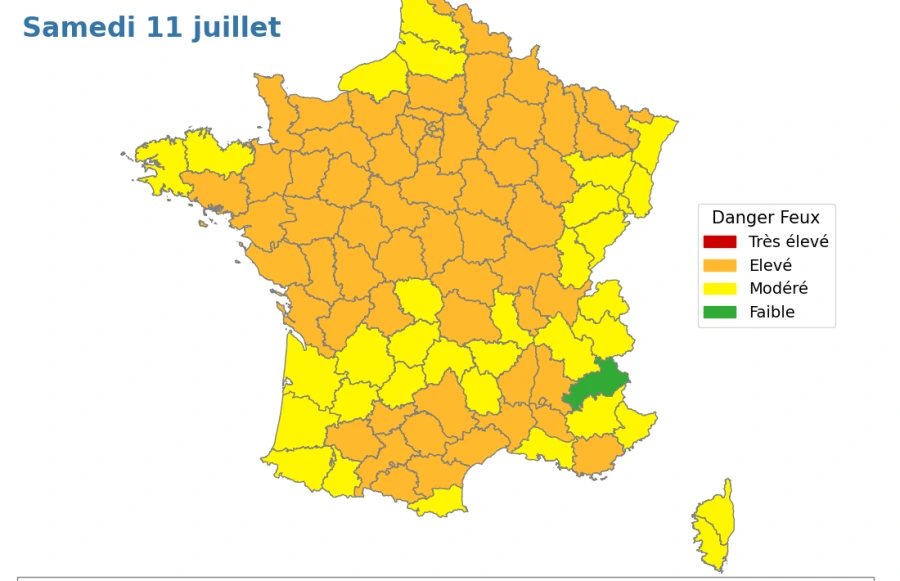 Carte Météo des forêts de Météo-France pour le samedi 11 juillet 2026 : aucun département en danger très élevé, 61 en danger élevé