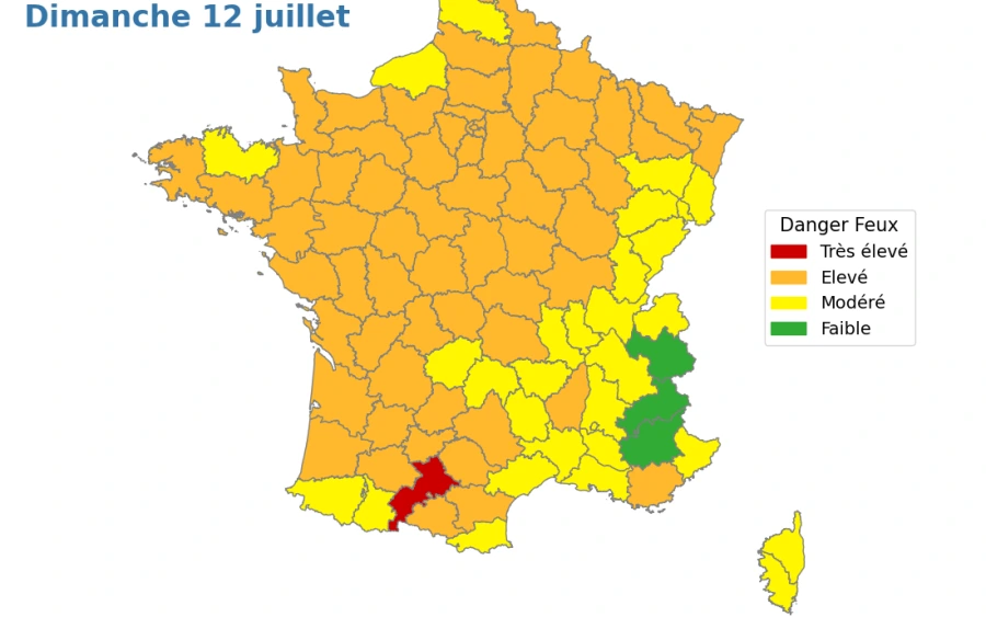 Carte Météo des forêts de Météo-France pour le dimanche 12 juillet 2026 : la Haute-Garonne en danger très élevé, 63 départements en danger élevé