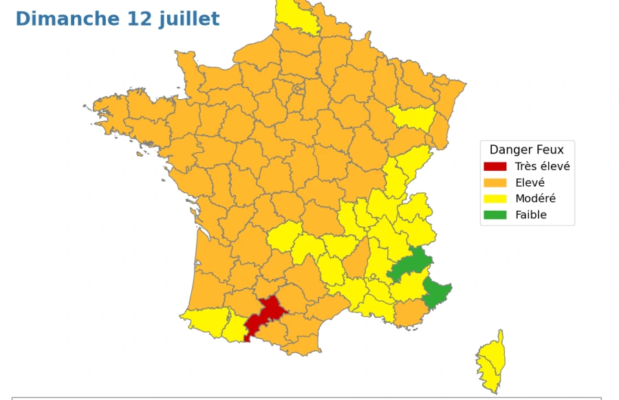 Carte Météo des forêts de Météo-France pour le dimanche 12 juillet 2026 : la Haute-Garonne en danger très élevé, 70 départements en danger élevé