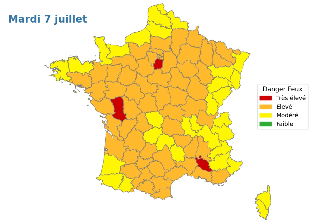 Carte Météo des forêts de Météo-France pour mardi 7 juillet 2026 : 61 départements en danger élevé, 3 en danger très élevé