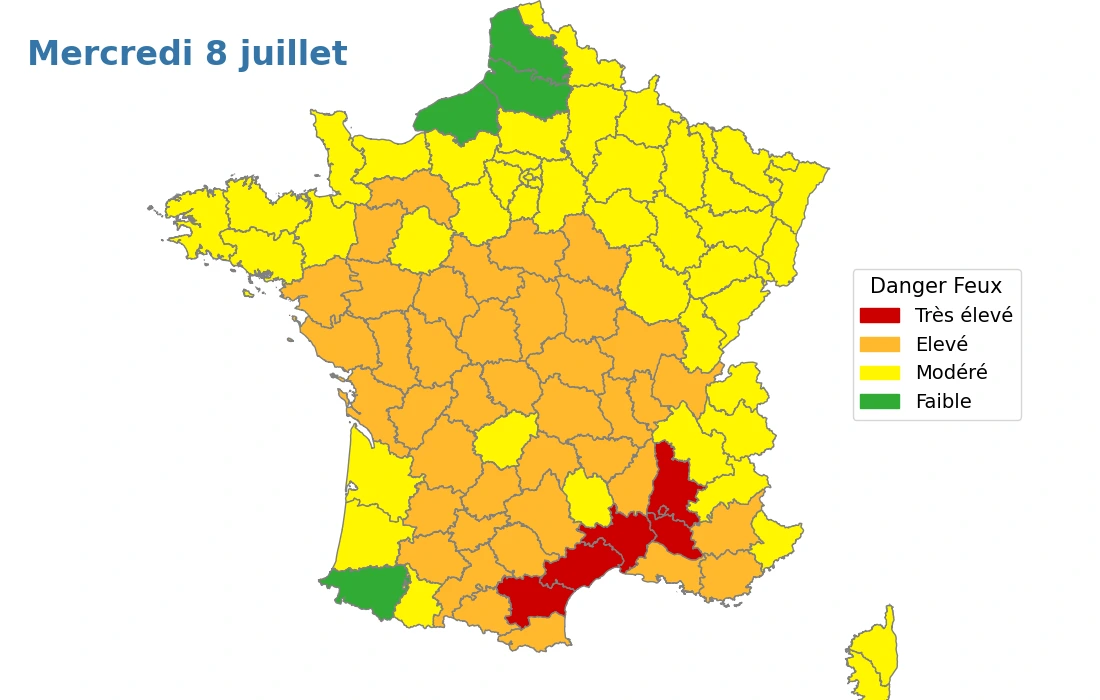 Carte Météo des forêts de Météo-France pour mercredi 8 juillet 2026 : 5 départements en danger très élevé sur l'arc méditerranéen, 40 en danger élevé