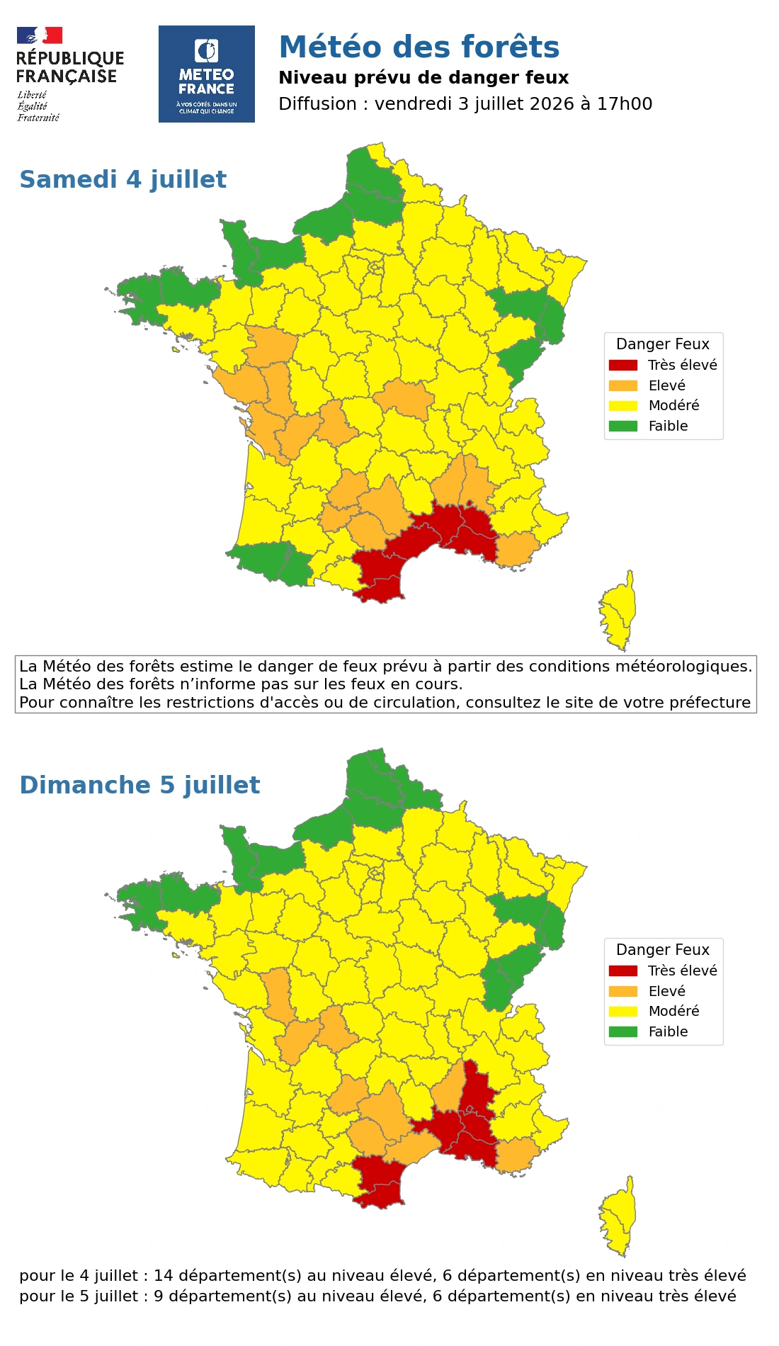 Carte Météo des forêts de Météo-France pour samedi 4 et dimanche 5 juillet 2026 : départements en danger élevé et très élevé de feux